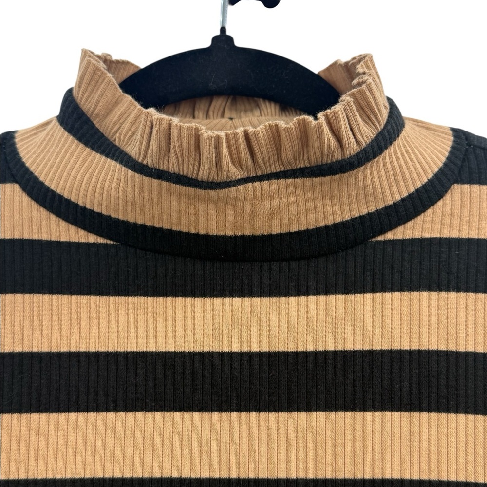 J.Crew Montauk Stripe Ribbed Mockneck XS Sand Black Breton Ruffle Trim - Picture 7 of 16